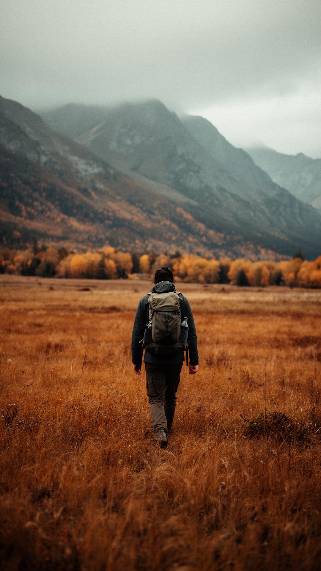 A figure walking through golden meadow toward distant mountains